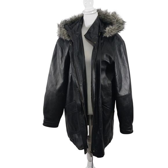 ACCENTS! RICH BLACK GENUINE LEATHER FAUX FUR TRIMMED HOOD PARKA COAT! SZ 1X - Picture 4 of 13